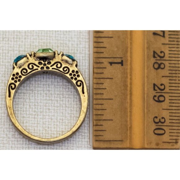 Size 10, Vintage Triple Vibrant Blue Rhinestones Silver Tone Band Ring - T22 - Picture 3 of 3